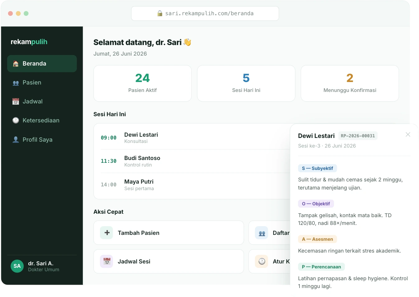 Tampilan dashboard beranda rekampulih